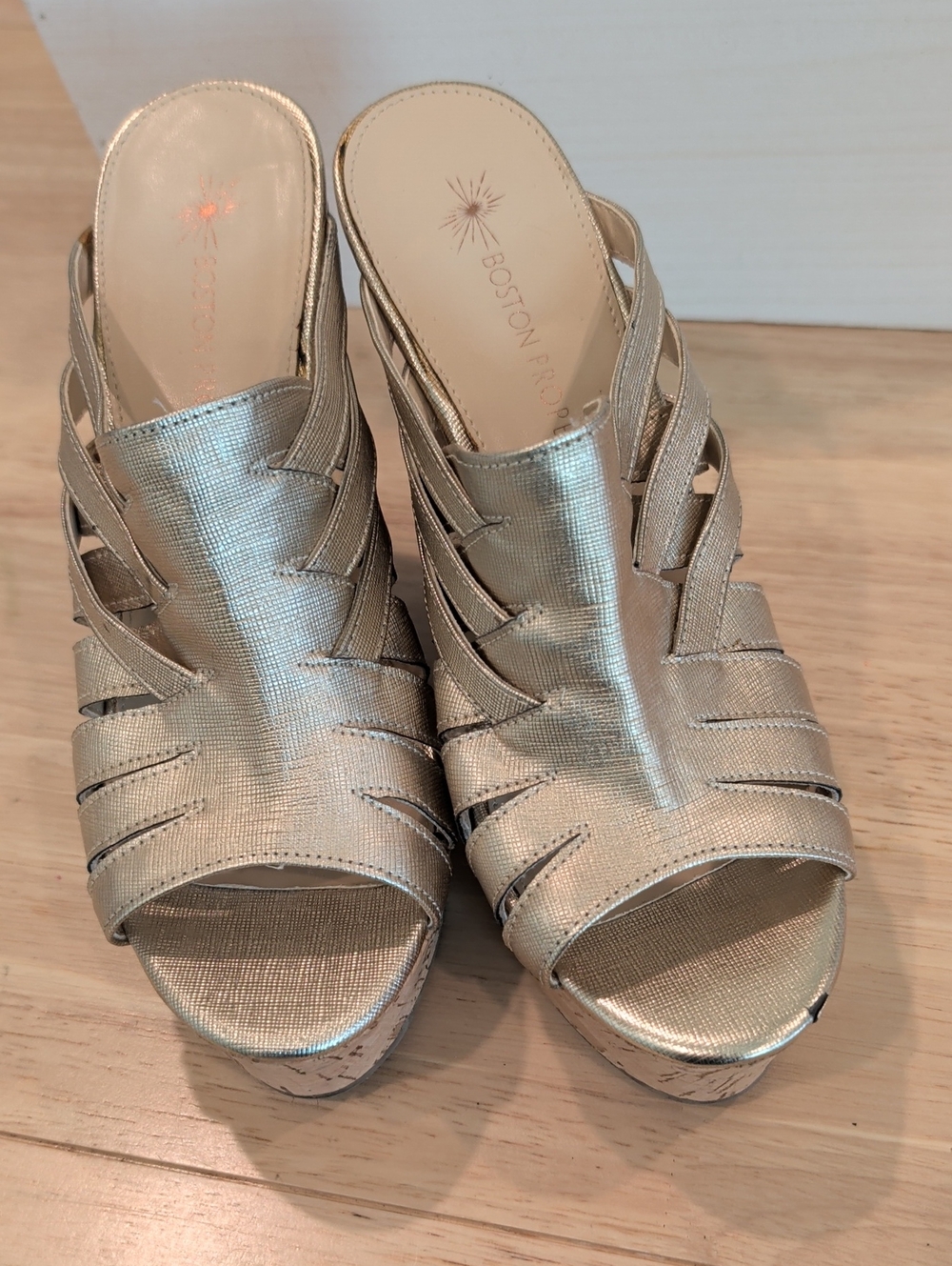 Boston Proper Metallic Gold Strappy Wedge Mules